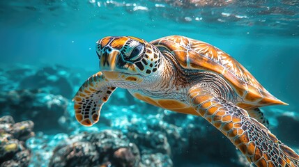 Obraz premium A vibrant sea turtle gliding through crystal-clear waters near coral reefs