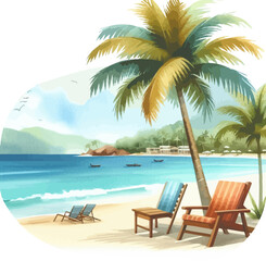 Naklejka premium Tropical sandy beach with beach chair .Ocean beach landscape . Holiday and summer vacation concept . Vector seascape with palm trees. Seashore background.