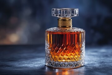 Crystal decanter filled with amber liquid; ornate stopper and diamond-cut glass. Perfect for showcasing luxury, spirits, or high-end products; evokes sophistication and elegance.