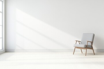 lone chair sits in corner of spacious well-lit office with minimalist decor and abundant empty wall area reflecting