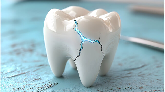 A close-up photograph of a single tooth with a crack, placed on a blue surface. The tooth is white with a blue crack running through the center
