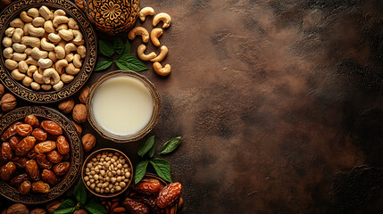 Assorted dry fruits and nuts arranged on rustic background with glass of milk