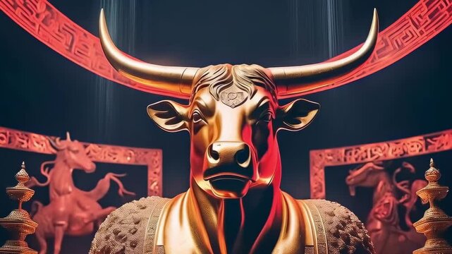 Beautiful and powerful golden bull, symbol of wealth and prosperity, golden bull idol, golden bull in golden treasury, religious worship of golden calf