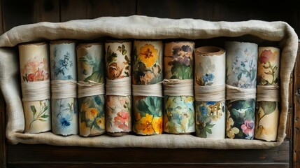 A row of colorful flowery paper tubes are displayed in a basket
