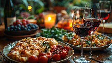 Elegant dining setup featuring wine, gourmet dishes, and fresh produce in a cozy setting