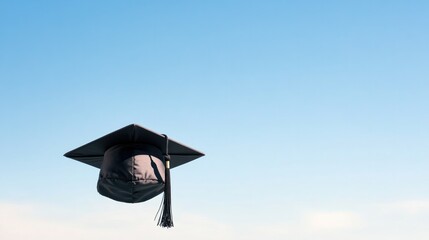 lone graduation cap in foreground tossed high in clear blue sky creating silhouette that symbolizes success and achievement