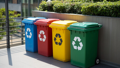 Recycling bins with symbols, clean design, Earth Day
