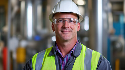 Confident industrial engineer in safety gear, embodying professionalism and workplace safety in a modern industrial setting.