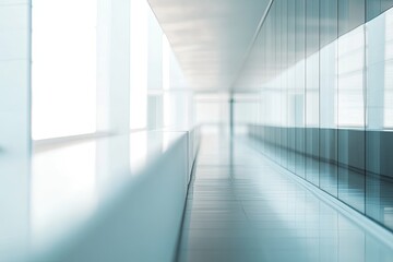 Modern, minimalist office hallway with natural light and glass walls