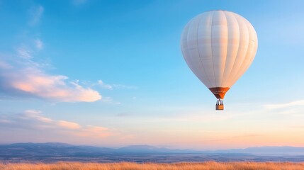 Fototapeta premium lone hot air balloon drifts serenely against cloudless morning sky offering captivating blend of vibrant colors and