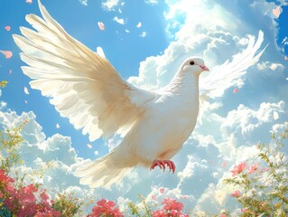 Fototapeta premium White dove soars amidst fluffy clouds and pink petals. Symbolizes peace, hope, and new beginnings; ideal for spiritual themes.