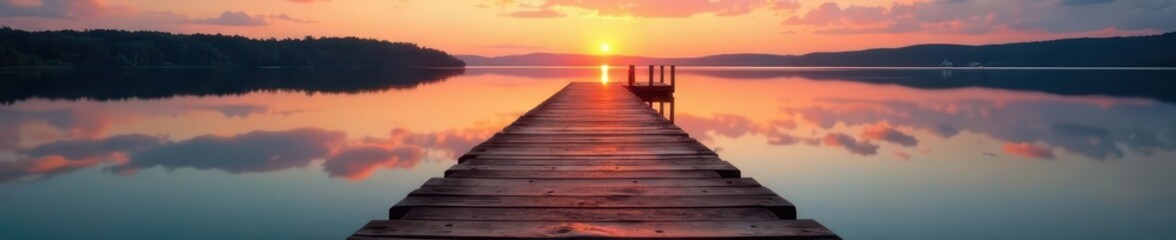 Fototapeta premium Rustic wooden pier extends over calm lake water at sunset , rays, sunset