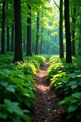 Fototapeta premium Narrow dirt track disappearing into dense forest undergrowth, earth, deep woods, outdoor