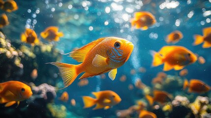 Vibrant underwater scene with orange fish swimming among coral reefs