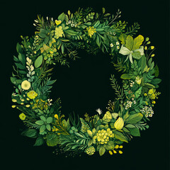 Obraz premium Green Floral Wreath Summer Illustration