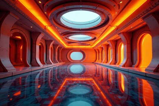 Abstract interior design of futuristic sci fi building with vibrant orange hues, orange, building, futuristic