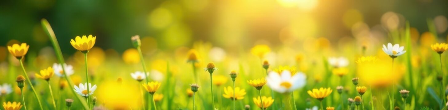 Sunlit meadow, vibrant yellow and white wildflowers bloom , day, golden hour