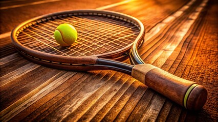 Retro Wooden Tennis Racket and Ball on Clay Court - Minimalist Long Exposure Stock Photo