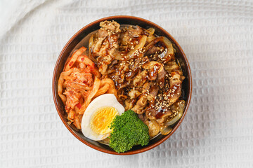Beef fried rice on a simple background