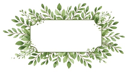 Obraz premium Watercolor Green Leaves Frame Invitation Template with Blank White Space