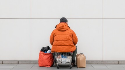 Fototapeta premium A Solitary Figure: A person sits on a cart with belongings near the wall, captured from a rear perspective, conveys isolation and the challenges of homelessness.