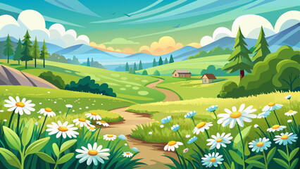 Obraz premium Beautiful spring and summer natural panoramic pastoral landscape with blooming field of daisies in the grass in the hilly countryside.