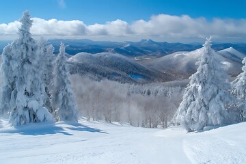 Fototapeta premium Snowy Mountain Landscape with Trees and Overlook on a Sunny Day