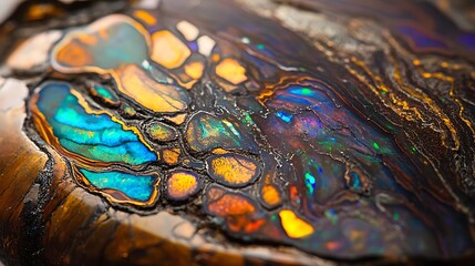 Close-up of a vibrant boulder opal showcasing unique patterns.
