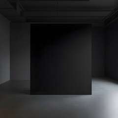A black rectangular wall in an empty dark room  long title A minimalist freestanding black rectangular wall angled slightly in an empty dimly lit