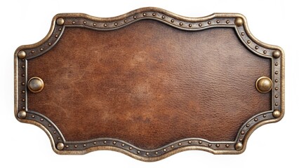 vintage leather sign in a figured metal frame isolated on a whit
