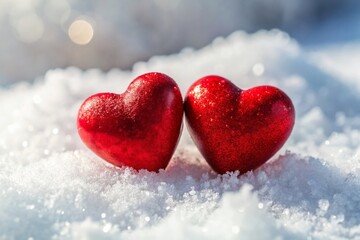 Fototapeta premium Romantic Valentine's Day Macro Shot: Two Red Hearts on Snowy White Background