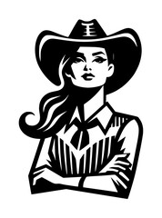 A vector silhouette of a cowgirl wearing a cowboy hat, isolated on a white background.