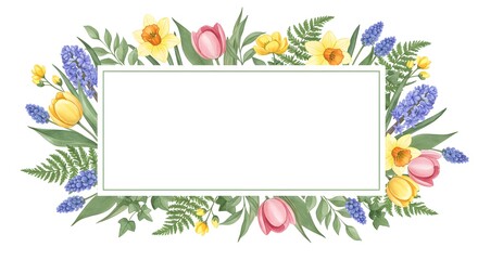 Floral Frame with Tulips, Daffodils, and Hyacinths on White Background