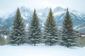 Fototapeta premium Snowy Pine Trees with Mountain Backdrop During Winter Season