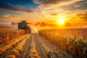 Fototapeta premium Wiejskie zbiory kukurydzy: Złoty wschód słońca nad obfitym polem