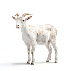 Obraz premium A realistic portrait of a sturdy goat with short white and light brown hair, curved horns, and bright eyes. The goat stands confidently in a full-body side view, isolated on a white background, 