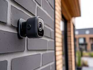 Modern security camera mounted on brick wall, showcasing advanced technology for home surveillance and safety