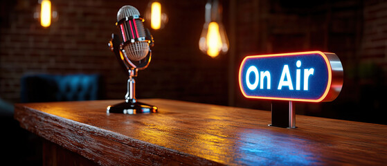 On Air sign and microphone create vibrant podcasting atmosphere, perfect for engaging discussions and creativity