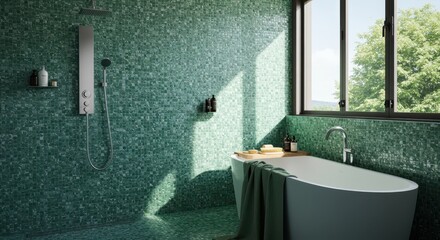 Modern Bathroom Design Showcasing a Stylish Bathtub and Green Mosaic Tiles