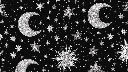 Celestial pattern Moon, stars, sun scattered on dark sky. Background image use