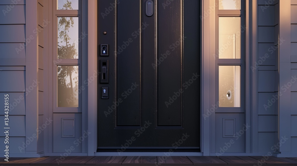 Fototapete Modern front door with smart lock and video doorbell camera in stylish entryway for secure keyless entry Generative AI