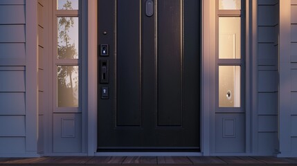 Modern front door with smart lock and video doorbell camera in stylish entryway for secure keyless entry Generative AI