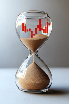 3D render of hourglass filled with sand, featuring stock market chart, symbolizes time running out as market value decreases