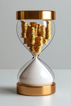 3D render of hourglass filled with golden stocks, symbolizing time running out as market value decreases, evokes urgency