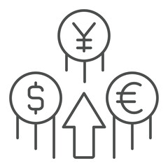Coins value fly up thin line icon, global sanctions concept. Vector graphics. Euro, yen and dollar coin with arrow sign on white background, outline style icon for mobile or web design.