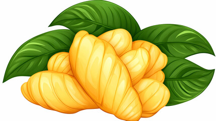 Ripe yellow mangoes with green leaves, food illustration