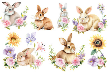 Cute watercolor bunnies with flowers and leaves on white background