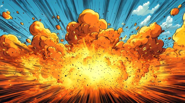 A comic book illustration of a large explosion with orange clouds and debris