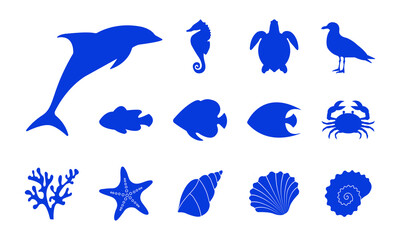A collection of blue silhouettes of sea creatures, including dolphin, fish, seahorse and starfish, turtle, crab, shells, seagull and coral. These simple yet elegant vector icons are perfect for marine