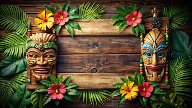 Rustic Tiki Wood Sign Mockup: Blank Tropical Theme Sign with Copy Space for Custom Design & Text